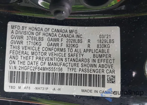 2021 Honda Civic Lx z USA, uszkodzony, nr VIN 2HGFC2F64MH555156